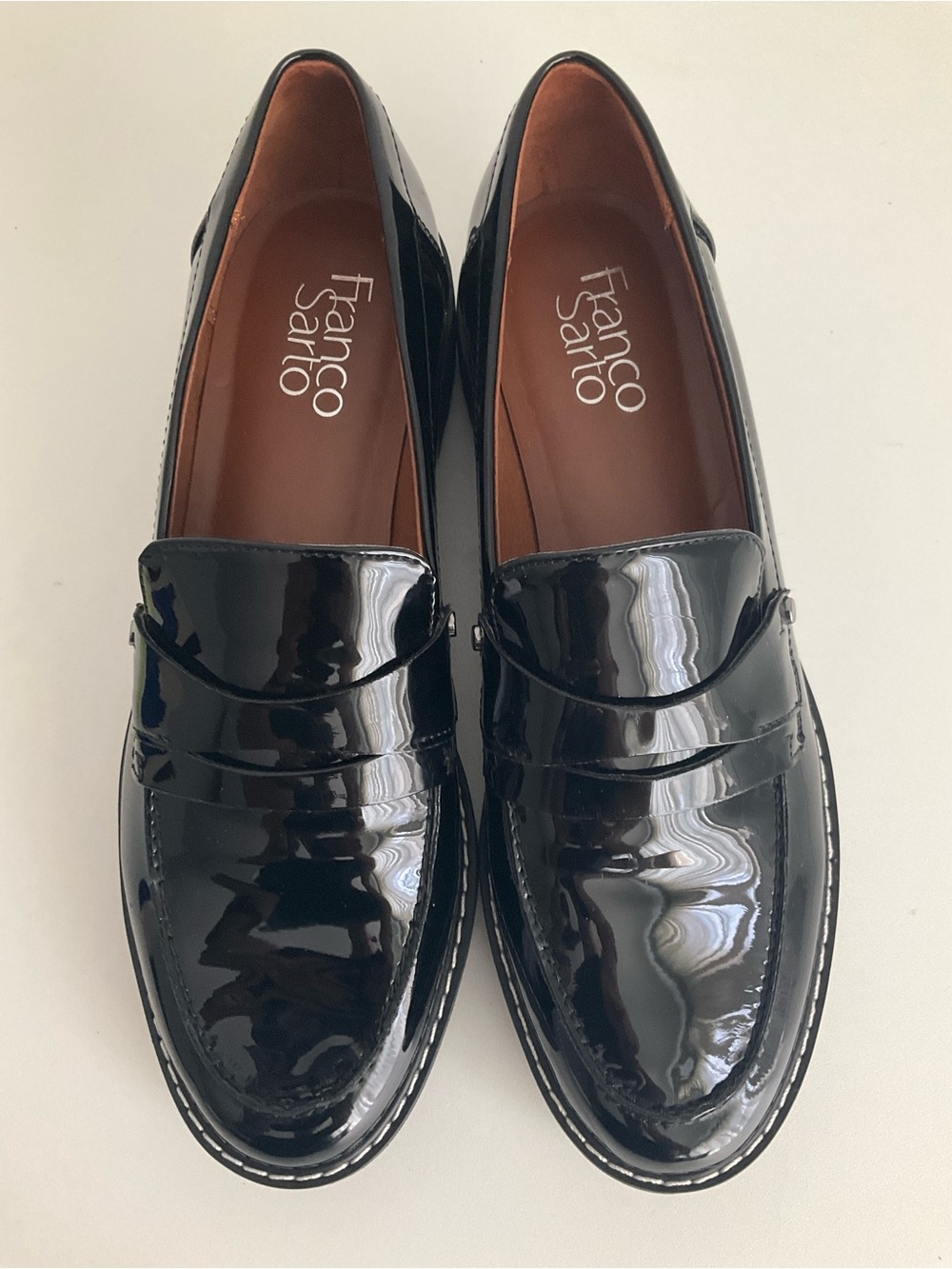 Franco Sarto 7 M Black Patent-Look Lug Sole Loafers - Picture 3 of 10